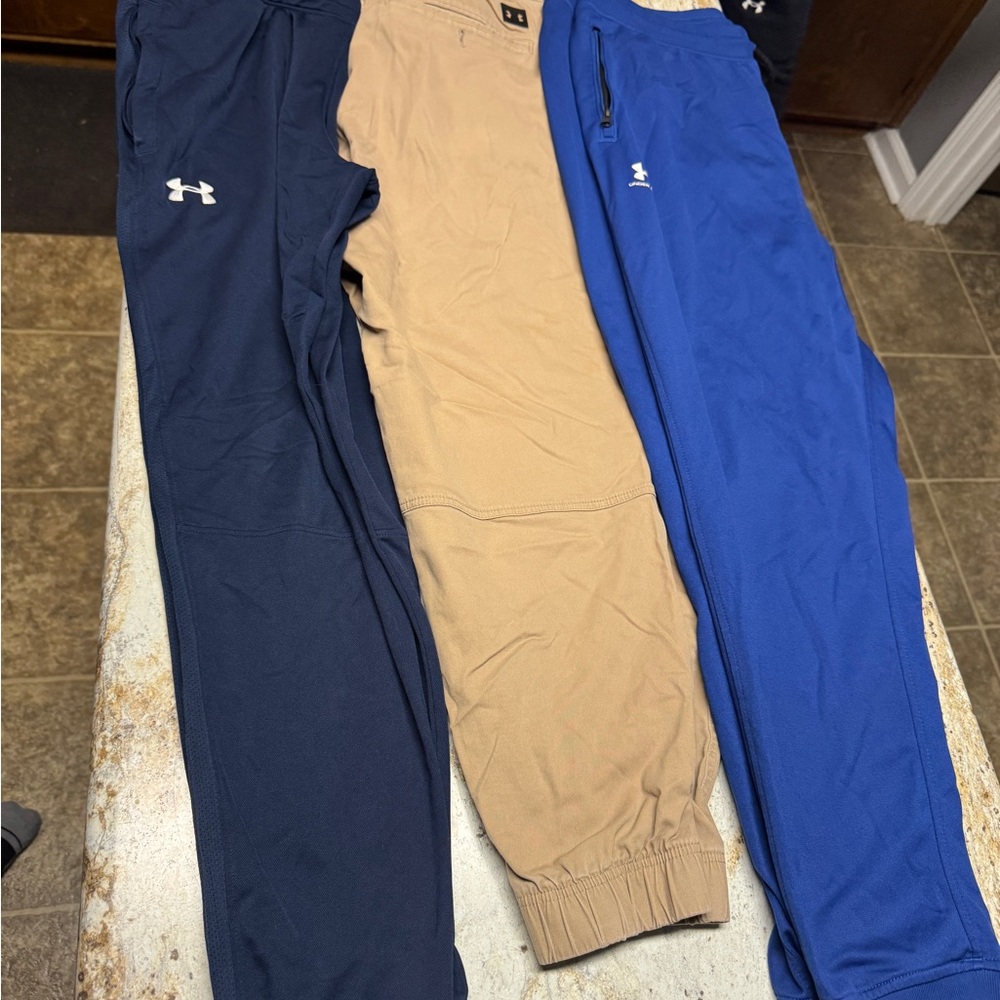 3 Pair of Under Armour Pants Navy, Tan, and Blue Joggers